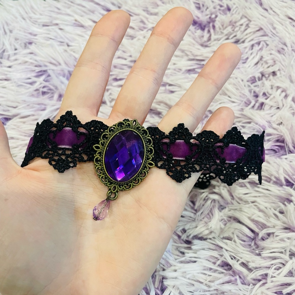 Purple Gem and Black Lace Gothic Choker Collar Necklace